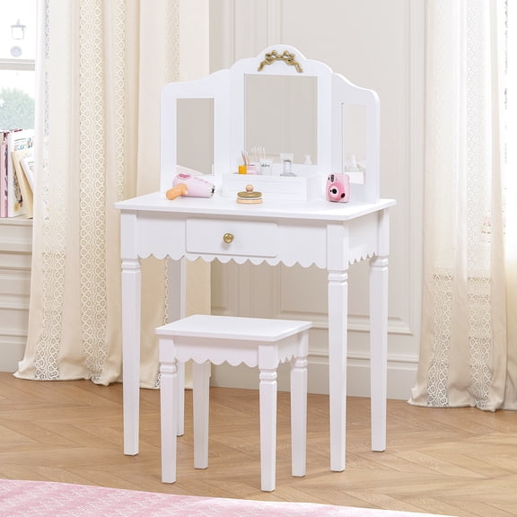 STAROUS Kids Vanity Set with Mirror and Stool, Kids Make Up Vanity Desk for Little Girls, Children Makeup Dressing Table with Drawer