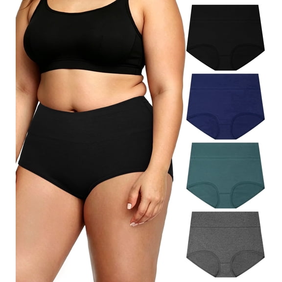 Loritta 4-Pack Plus Size High Waisted Underwear, Soft Cotton Stretch Panties, Full Coverage No Roll Down Briefs , XL-5XL