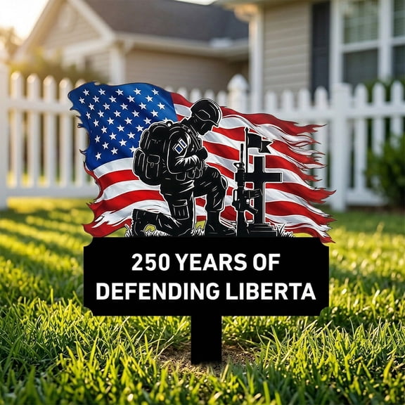 250 Years of Defending Metal Garden Stake,Durable Iron Patriotic Yard Sign with Flag,250th Anniversary Independence Day Memorial Metal Plaque for 4th of July Outdoor Garden Decor,11.82"x9.53"