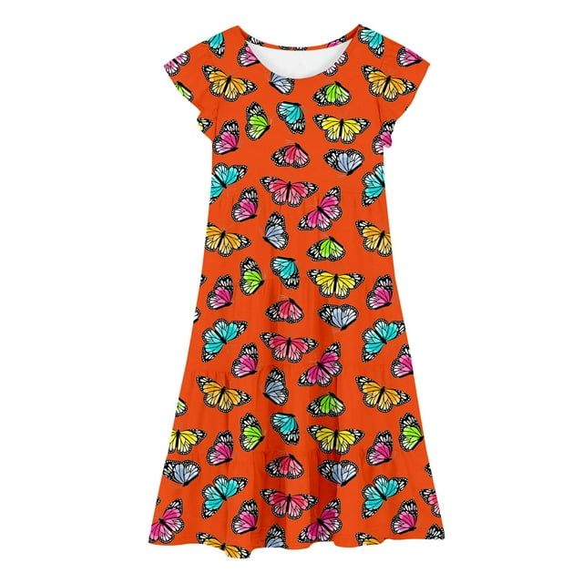 Robes Décontractées pour Grandes Filles, Fête, Manches Volantées, Imprimé Coloré, Robe à Étages, Vêtements pour Enfants à Taille Extensible, Taille 8-9T