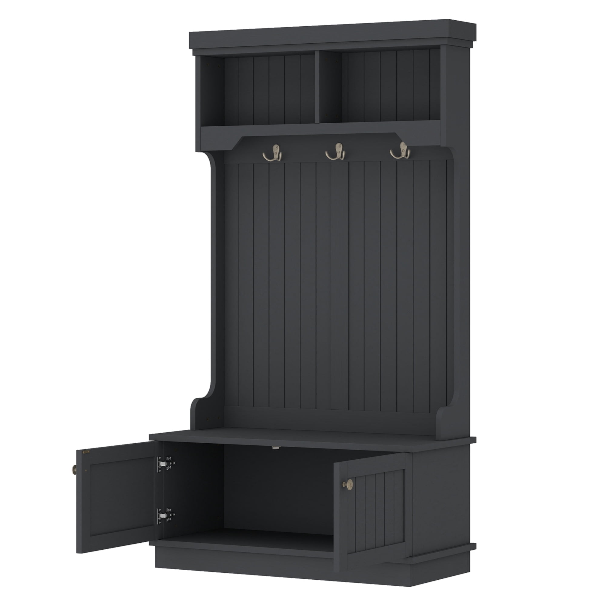 Leumius 64"H Hall Tree with Storage Shoe Bench for Entryway, 4-in-1 Farmhouse Entryway Coat Racks with 3 Hooks for Living Room,Black