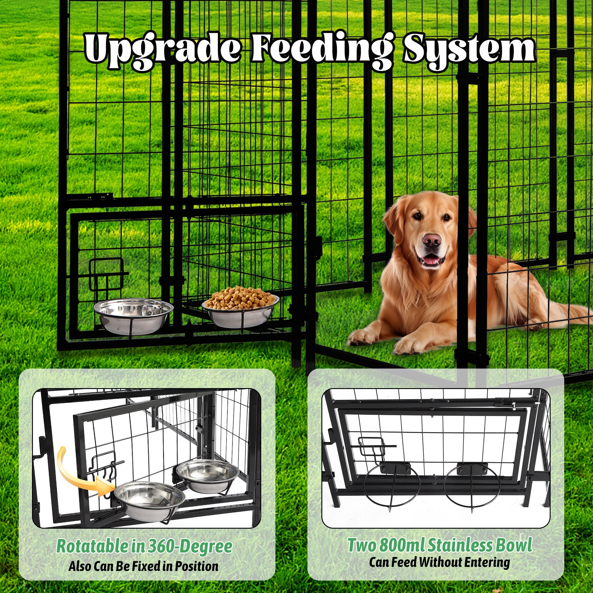 Haverchair Large Outdoor Dog Kennel, Heavy Duty Welded Wire Steel Dog Enclosure Playpen Crate with Waterproof UV-Resistant Roof Cover, Double Lock Dog Kennels Fence with Rotating Feeding Door Bowls