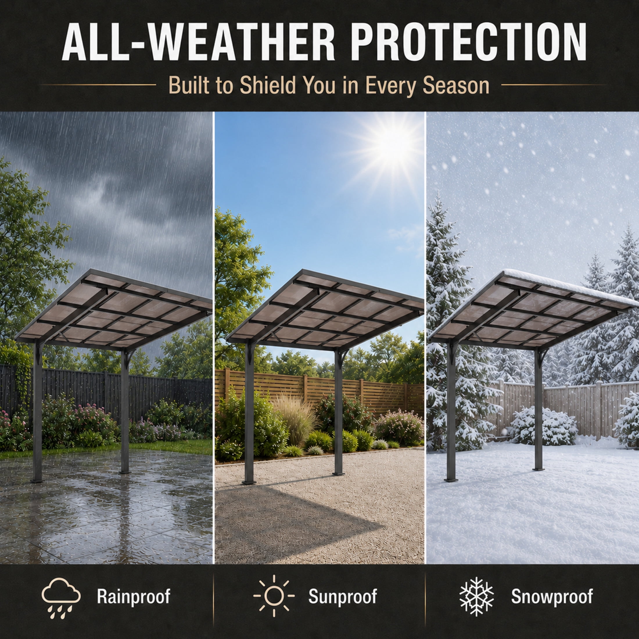 Noble House 8x8 FT Galvanized Steel Carport Awning, Sloped PC Roof Outdoor Utility Shelter & Grill Canopy, Black