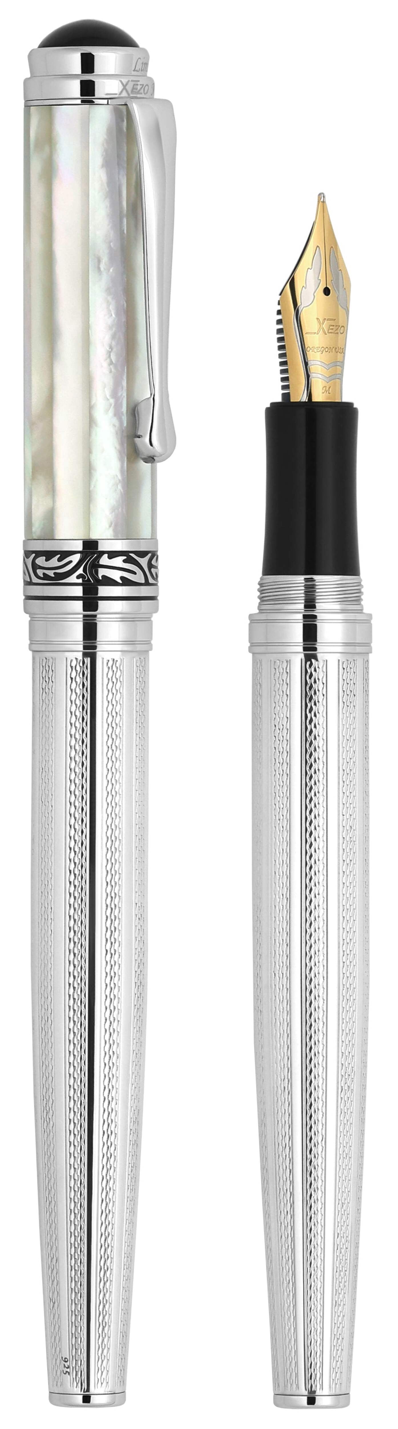 Xezo Xezo Maestro® 925 Sterling Silver Fountain Pen (Medium-Fine 0.45 mm Nib) - Oceanic White Mother of Pearl Cap, Chrome Plated