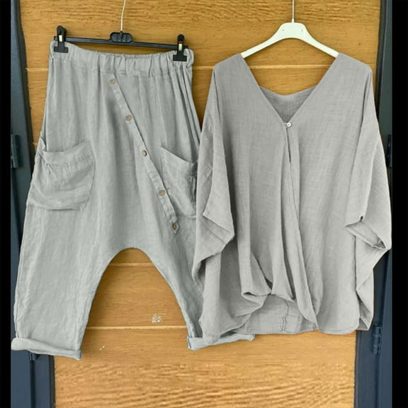 Idoravan Women Sets Clothing Clearance Womens Solid V-neck Long Sleeve Pullover Shirt Tops Pants Trousers Set