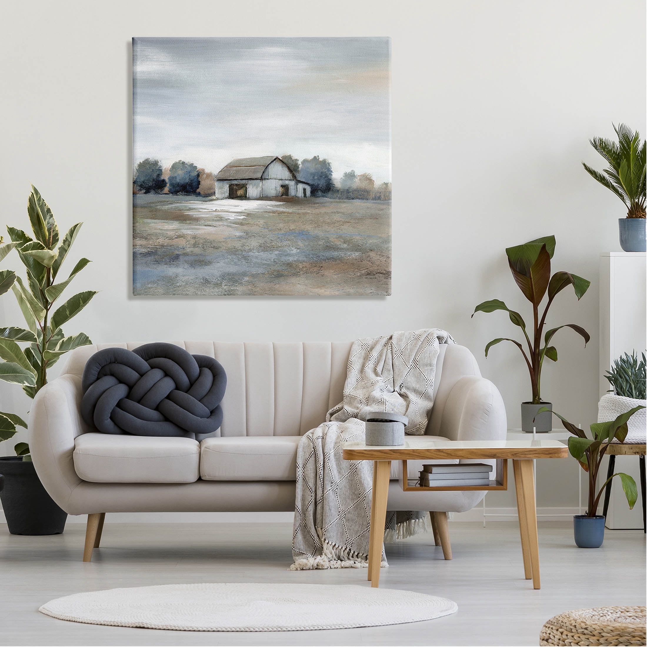 Countryside Barn Neutral Tones Landscape Painting Gallery Wrapped Canvas Print Wall Art