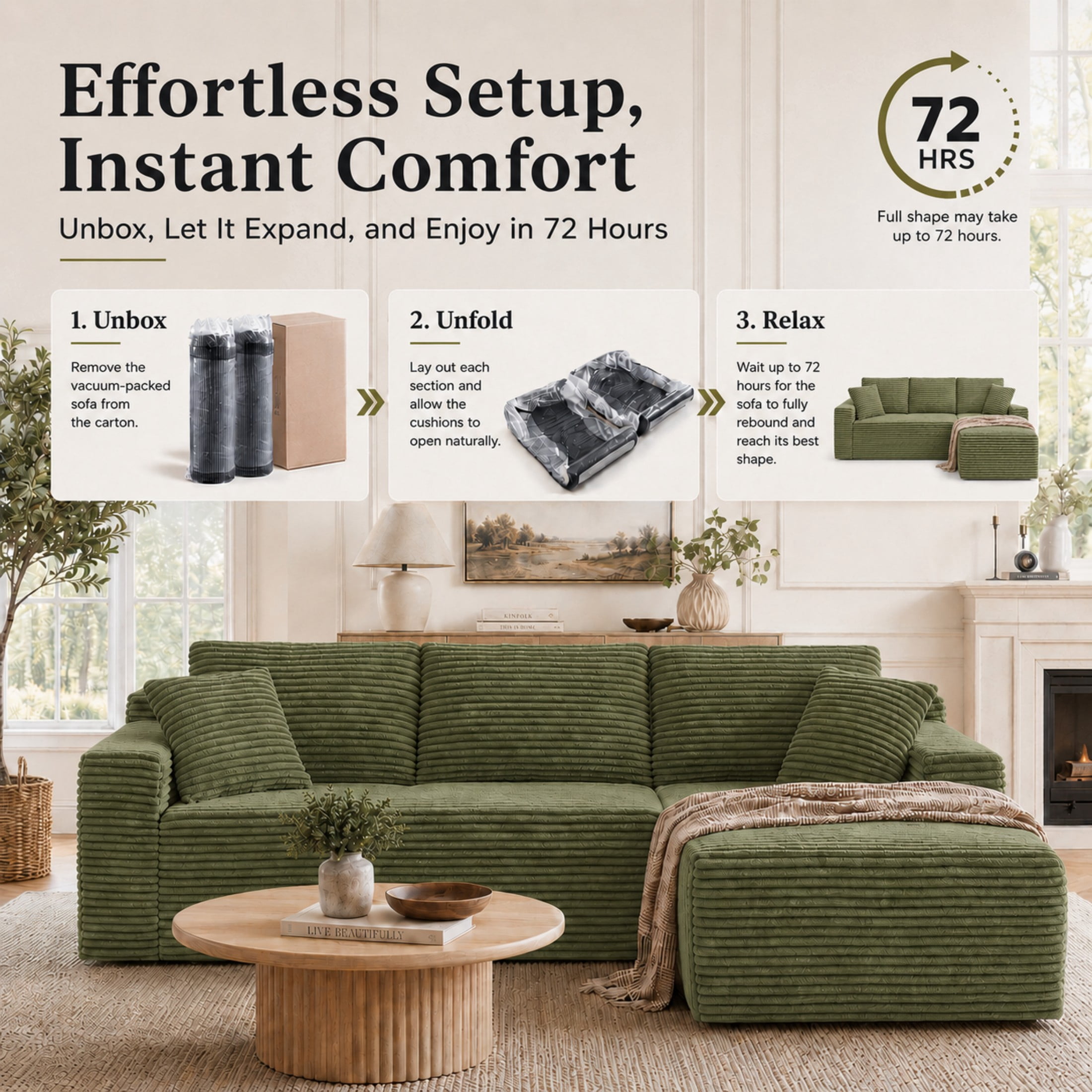 Aenkyo 106 Inch Corduroy L-Shaped Cloud Sectional Sofa with Reversible Chaise, Green