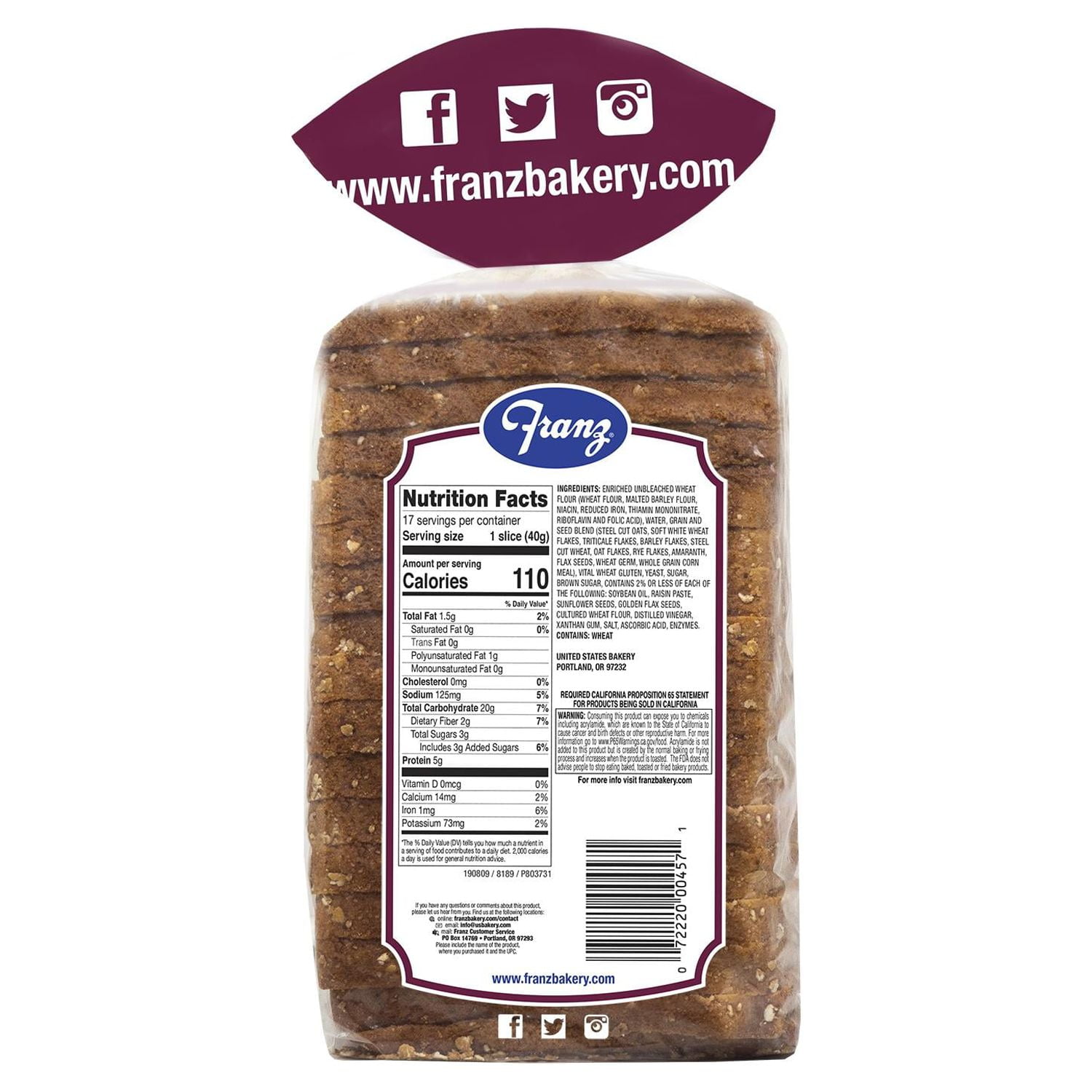 Franz San Juan Island 9 Whole Grain Bread Loaf, 24 oz