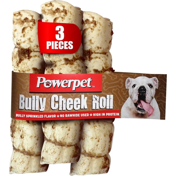 Powerpet Treats Bully Beef Cheek Rolls for Dogs - 100% Natural & Highly Digestible - High Protein, Low Fat - No Rawhide - Soft & Thick Chew Treat - Good Dental Hygiene - Bully Sprinkled Flavor - 3pc