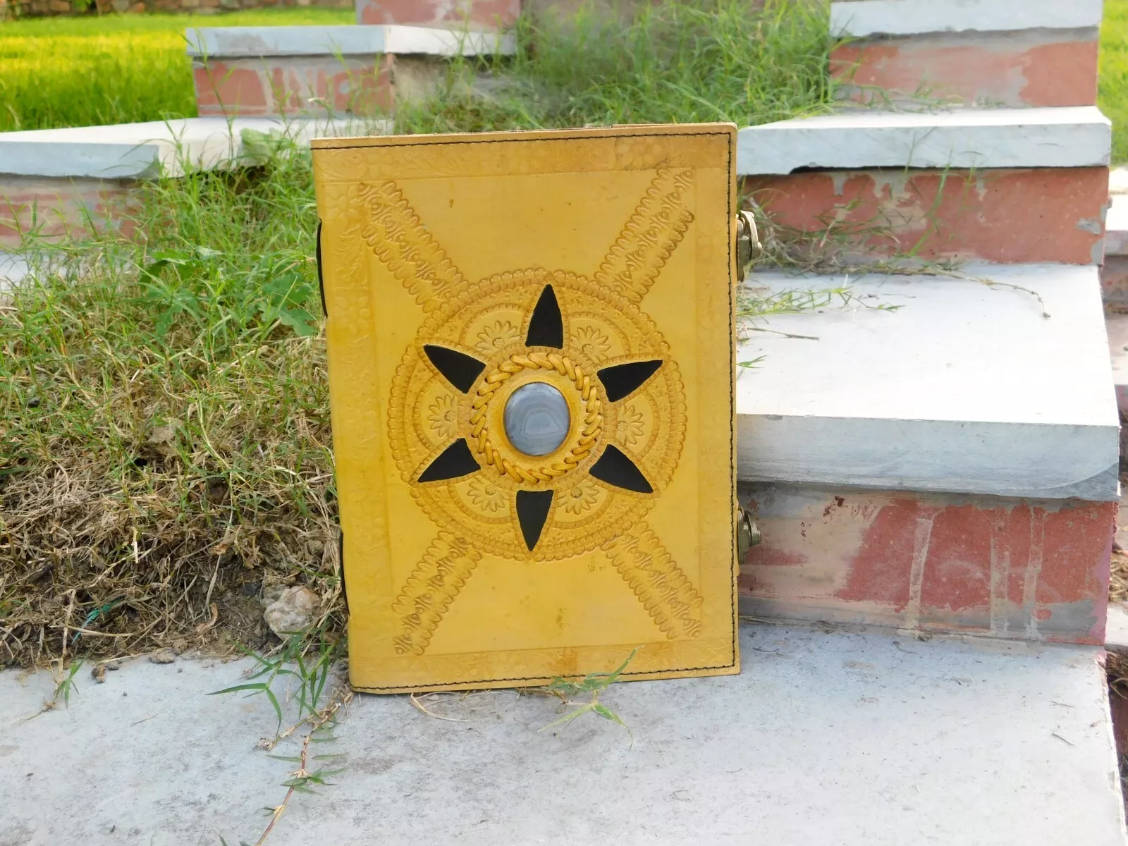Handcrafted Embossed Design Vintage Leather Bound Journal Diary Healing Obsidian Stone Yellow Blank Notebook For Men & Women