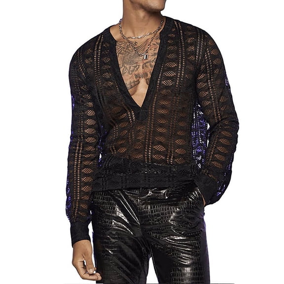 Men's Long Sleeve Tops Hollow Out Lace Deep V Neck Shirt See Through Casual Party Clubwear Black T-shirts (XL, Black)