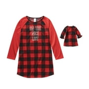 North Pole Trading Co. Buffalo Plaid Big Girls' Long Sleeve Nightshirt Matching Doll Dress Set - Red Black Plaid, S 7/8