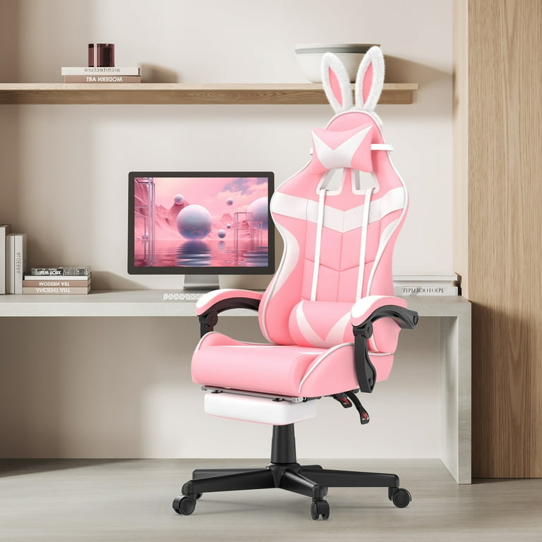 Soontrans Pink Gaming Chair with Footrest Ergonomic Office Chair with Massage Lumbar Support with Headrest PU Leather Game Gamer Computer Chairs