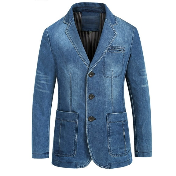 Men's Slim Denim Blazer Vintage Three Buttons Single Cowboy Jacket Long Sleeve Casual Coat
