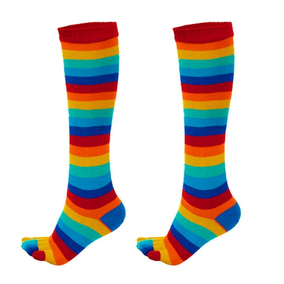 Women Girls Split Toe 5 Finger Calf Socks Rainbow Colorful Striped Clover Printed Breathable Cotton High Tube Hosiery