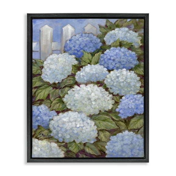 Stupell Industries Blue & White Hydrangea Plants & Flowers Painting Black Floater Framed Canvas Art Print Wall Art, 17 x 21