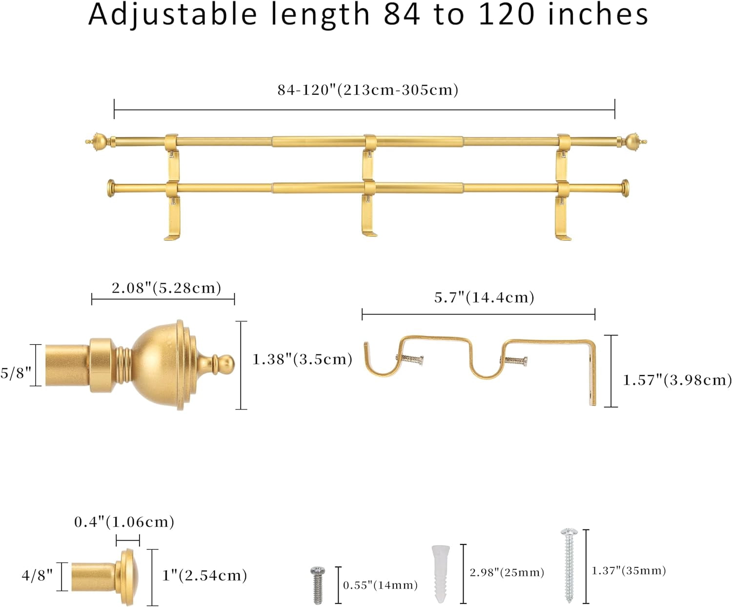 eTeckram 5/8" Double Curtain Rod with Royale Finials,Gold,84‘’-120‘’