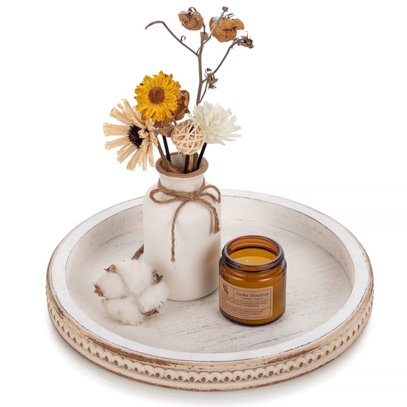 Hanobe Farmhouse Decorative Candle Tray Decor:Bead Round Wooden Centerpiece Serving Tray for Coffee Table Decor