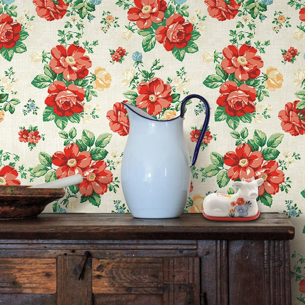 The Pioneer Woman Beige and Red Peel and Stick Wallpaper, Vintage
