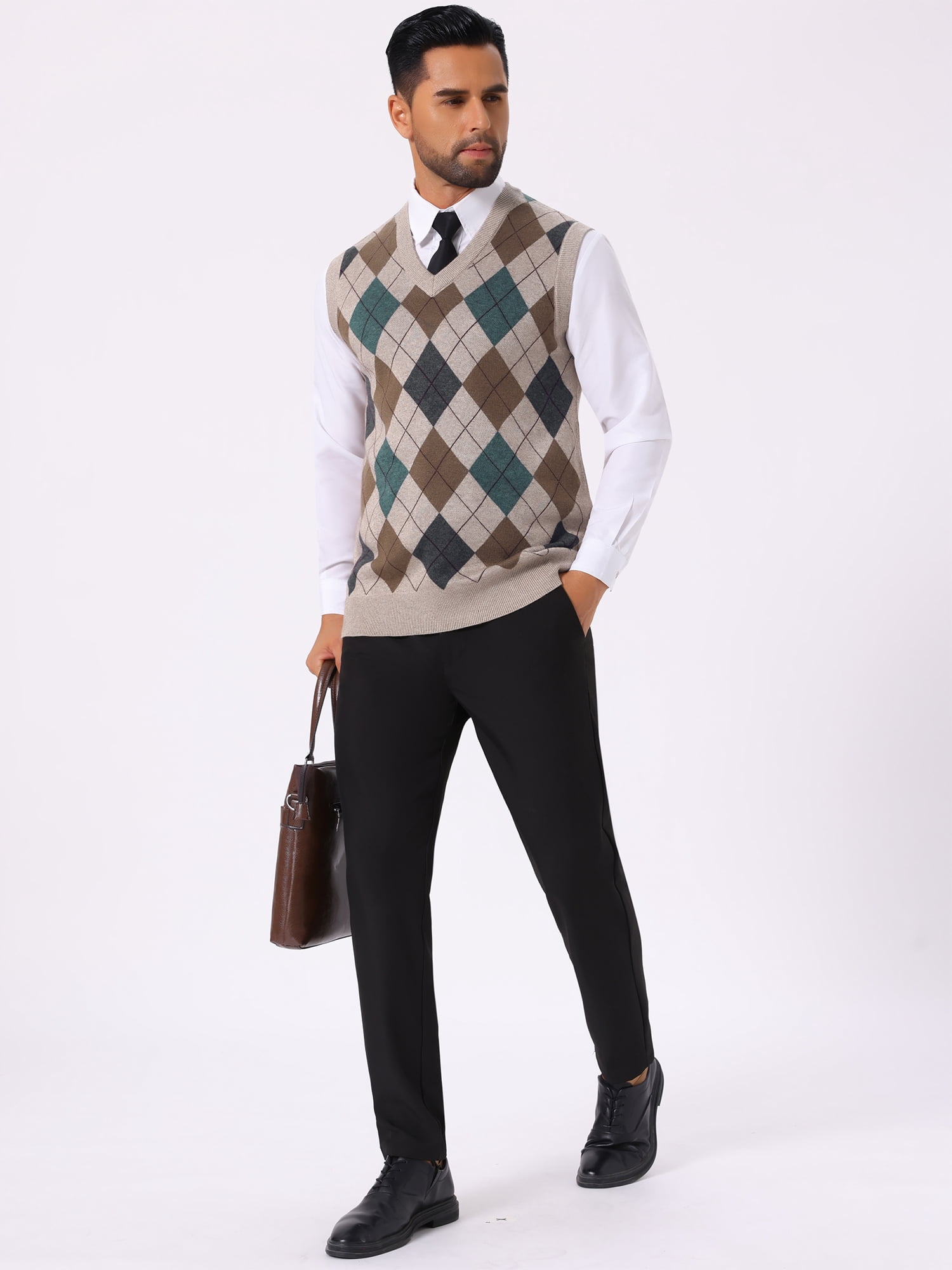 DARING DIVA Men's Casual Knit Sleeveless V-Neck Plaid Argyle Sweater Vest L Light Brown