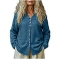 thumbnail image 3 of Feancey Cotton Linen Shirts for Women V Neck Button Down Blouses Long Sleeve Lightweight Breathable Gauze Tops Loose Fit Casual Summer Beach Shirt Navy L, 3 of 6