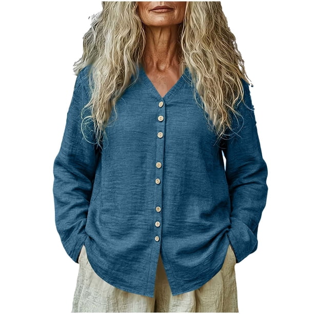 Camisas de Cuello de la Tripulación de Manga Corta para Mujeres Botón de Cuello en V Delantero de Manga Larga Mezcla de Ropa de Cama Abierta Casual Top, Camisas de Cuello de la Tripulación de Manga L
