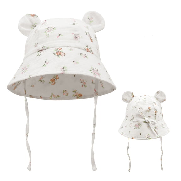 Xfvqtps Baby Summer Sun Hat Infant Toddler Boys Girls Bucket Hat Lace up Cute Print Ear Wide Brim Beach Breathable Sun Protection Hat