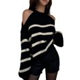 thumbnail image 2 of Pullover Knit Sweaters for Women Loose Fit Striped Long Sleeve Casual Fall Fashion Tops Sex-Y Cold Shoulder Black One size, 2 of 8