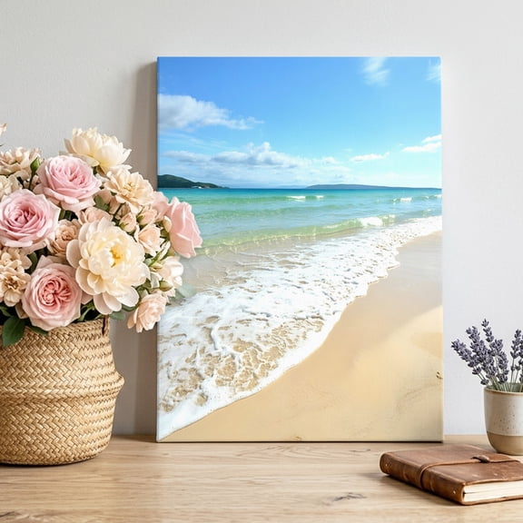 Canvas Wall Art Ocean Turquoise Waves Canvas Art Print Seaside Beach Blue Sky Sand Pictures Wall Decor for Living Room Bedroom Artwork Decorations Stretched Framed Ready to Hang 16"x24"