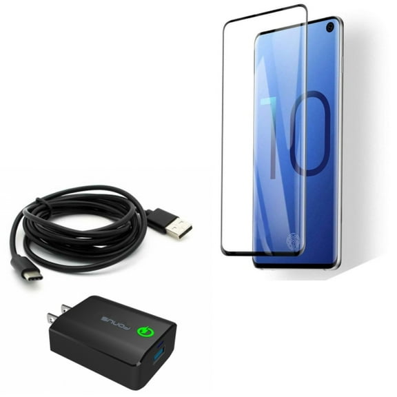 Galaxy S10  Tempered Glass Screen Protector w 18W Fast Home Charger - [Fingerprint Works] 3D Curved Edge Full Cover, 6ft USB Cable Type-C Turbo Charge for Samsung Galaxy S10