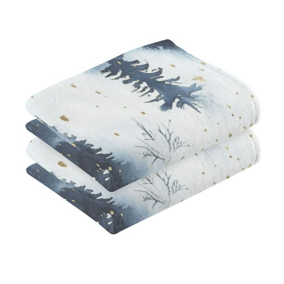 2 Pcs Absorbent Face Towel Bath Hand Towels Soft Breathable Cotton Towel Set for Bathroom Kitchen Hotel Spa Decor Watercolor Winter Wonderland Pattern