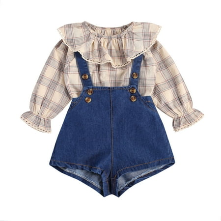

Seyurigaoka Flower Print Flare Sleeve Long Sleeve Top + Denim Overalls Clothing Set