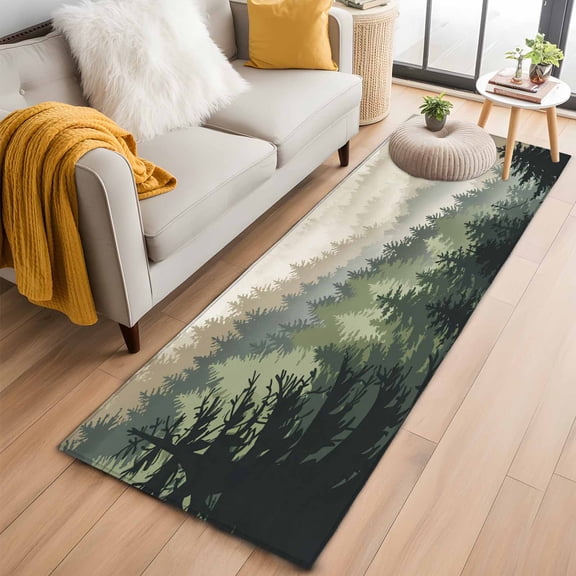 Mountains 2'x6' Runner Rugs for Hallway Kitchen Bedside Non Slip Washable, Watercolor Forest Nature Pine Trees Landscape Entryway Rug Runners with Rubber Backing, Long Carpet Runner for Laundry Room