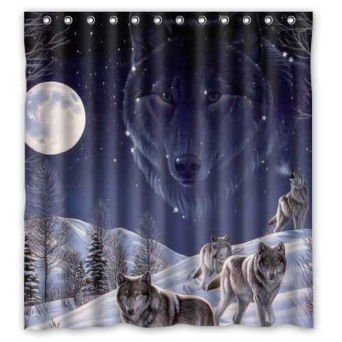 Wolf Standing In Snow Forest Night Bathroom Fabric Shower Curtain With Hooks 71" 