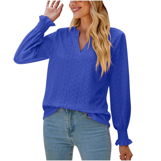 Pompotops Mode Femme Col en V Manches Longues Décontracté Confortable Couleur Unie Manches à Volants Blouse en Solde
