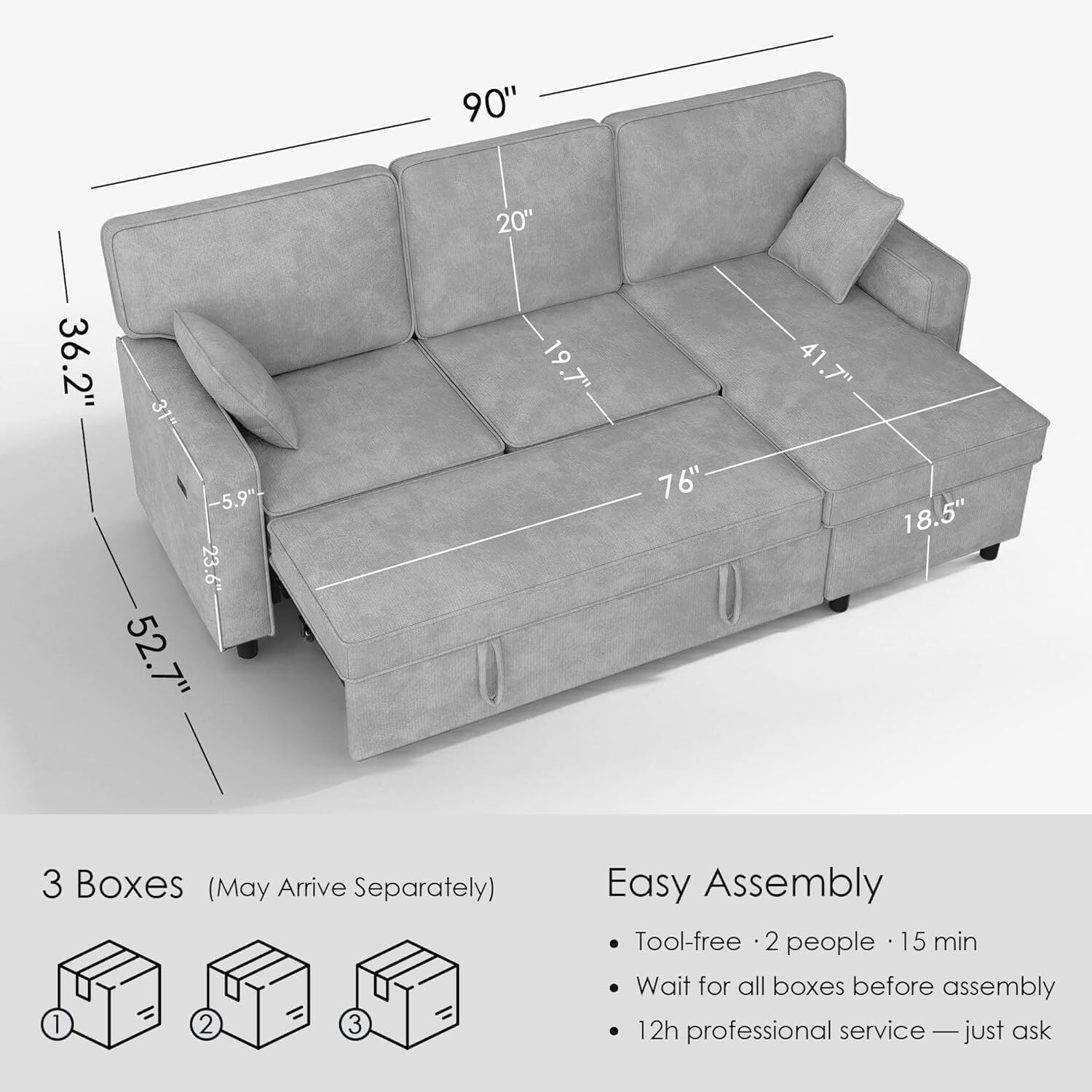 avobird 89'' Pull Out Sofa Bed, L Shaped Sleeper Sofa with Flip-Down Center Console & Charging Ports, Chenille Convertible Sofa for Apartment/Living Room, Light Gray
