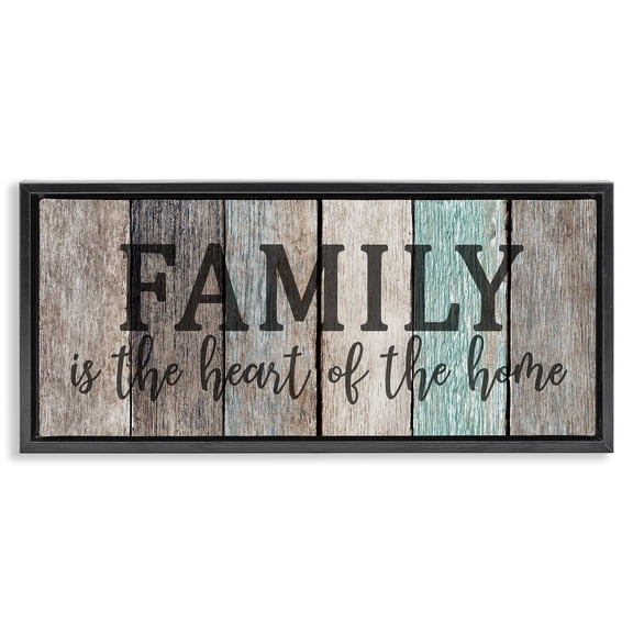 Stupell Industries Family is Heart of Home Quote Inspirational Painting Black Floater Framed Canvas Art Print Wall Art, 25 x 11
