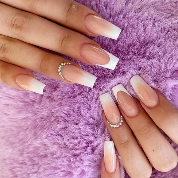Pink French Tip Press on Nails Medium Ombre Fake Nails with Rhinestones Press On Coffin Artificial False Nails for Women Stick on Nails With Glue on Static nails