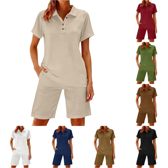 Tanghaowl Short Sets for Women, Women Casual Summer Shorts Suit Two Piece Outfit With Comfortable Top And Stylish Bottoms Beige M
