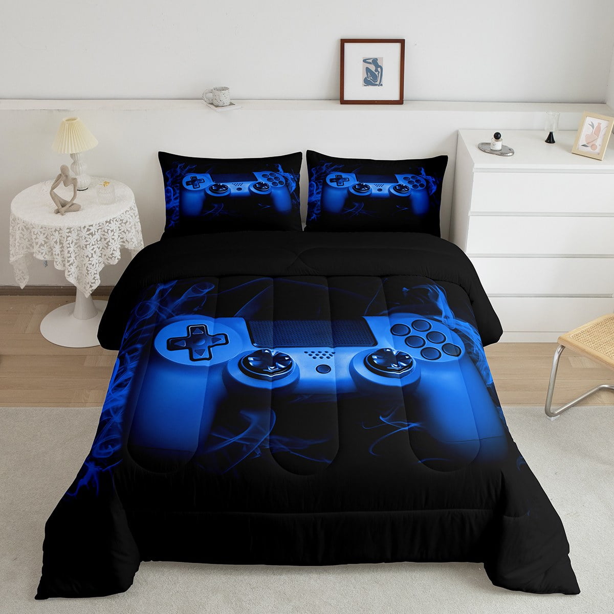 Erosebridal Blue Gaming Comforter Set Queen Size Gamer Comforter Teens Video Game Decor Bedding Set 3 Piece Console Game Controller Quilted Duvet Set Soft Black