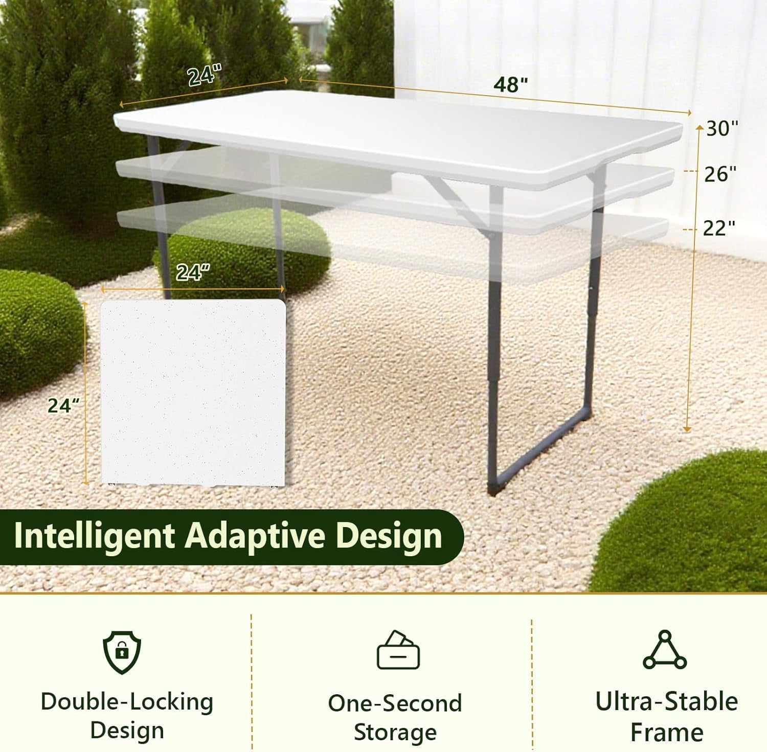 Decksplore Folding Table 4ft - Heavy Duty Fold-in-Half Plastic Table with Adjustable Height, Portable Utility Tables with Steel Legs for Picnic, Camping, Dining, Party