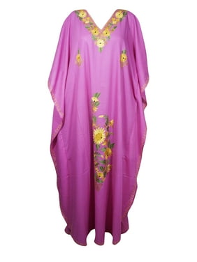 Mogul Women Lilac Kaftan Maxi Dress Boho Loose Floral Embroidery Kimono Sleeves Resort Wear Cover Up Housedress 4XL