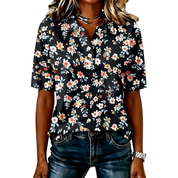 JULMCOMO Polo Shirts for Women Floral Print Collared Short Sleeve Button Loose Fit Trendy Golf Shirts Daily Comfy Casual Blouses Black L