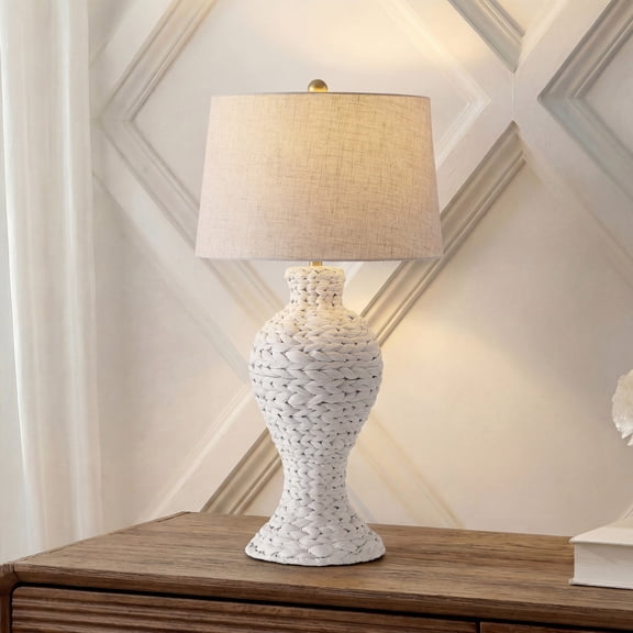 Elicia 31" Coastal Bohemian Woven Water Hyacinth Urn Table Lamp, White with Beige Linen Shade for Living Room