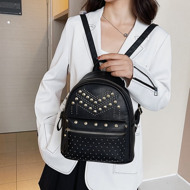 Mochilas de hombro con remaches a la moda, mochilas escolares con cremallera para estudiantes de viaje de cuero