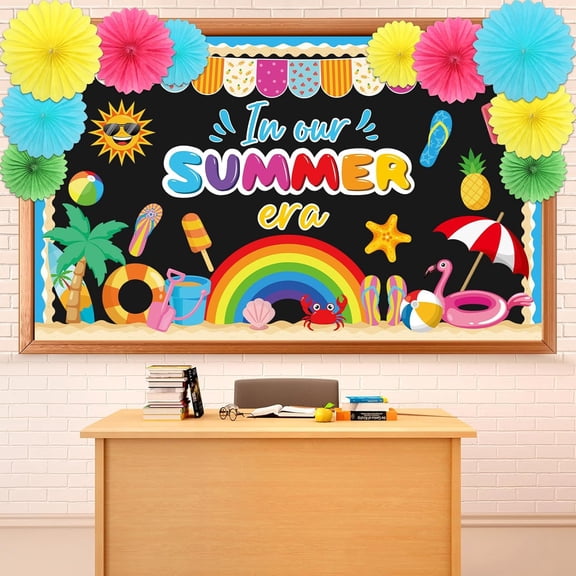 Bulletin Board Classroom Decorations Summer Rainbow Party Classroom Decoration with Paper Fans Hawaiian Tropical Beach Themed Bulletin Board Cutouts for School Office Home Door Wall Decor