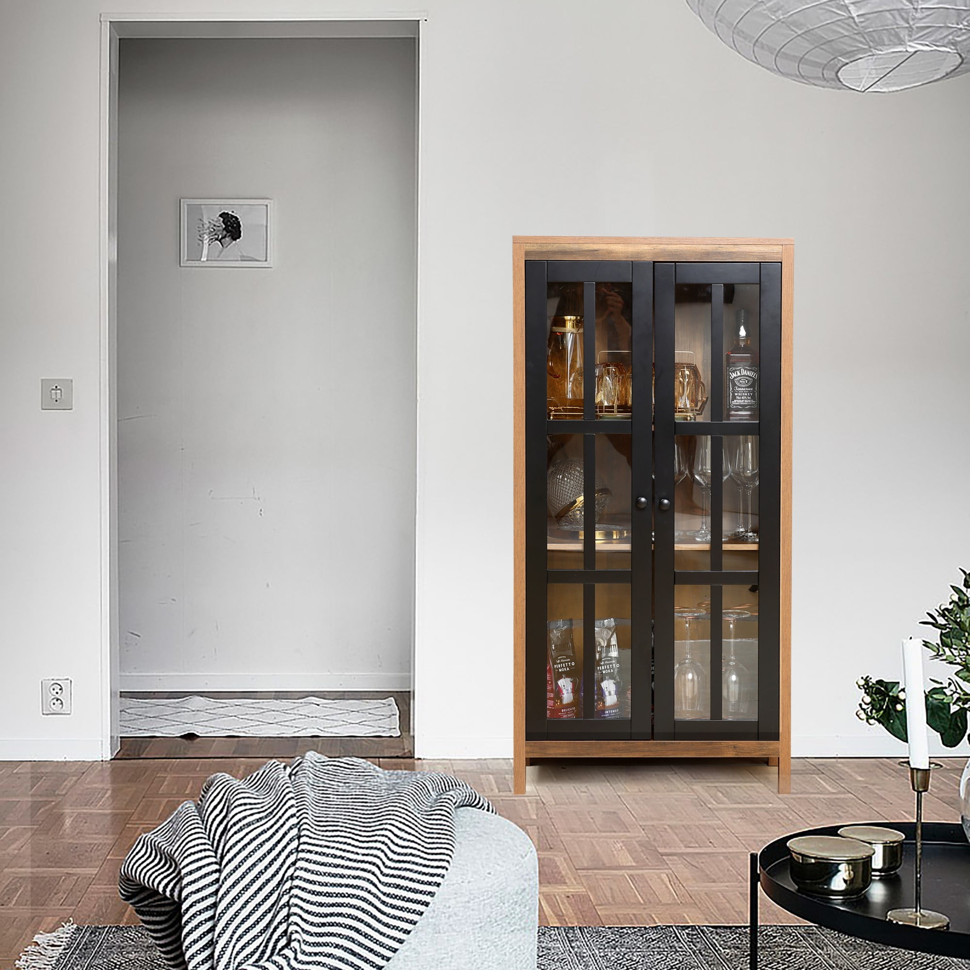 LuxenHome 47.2" Farmhouse Storage Cabinet with Glass Doors, Tall Pantry Cabinet, Glass Display Cabinet
