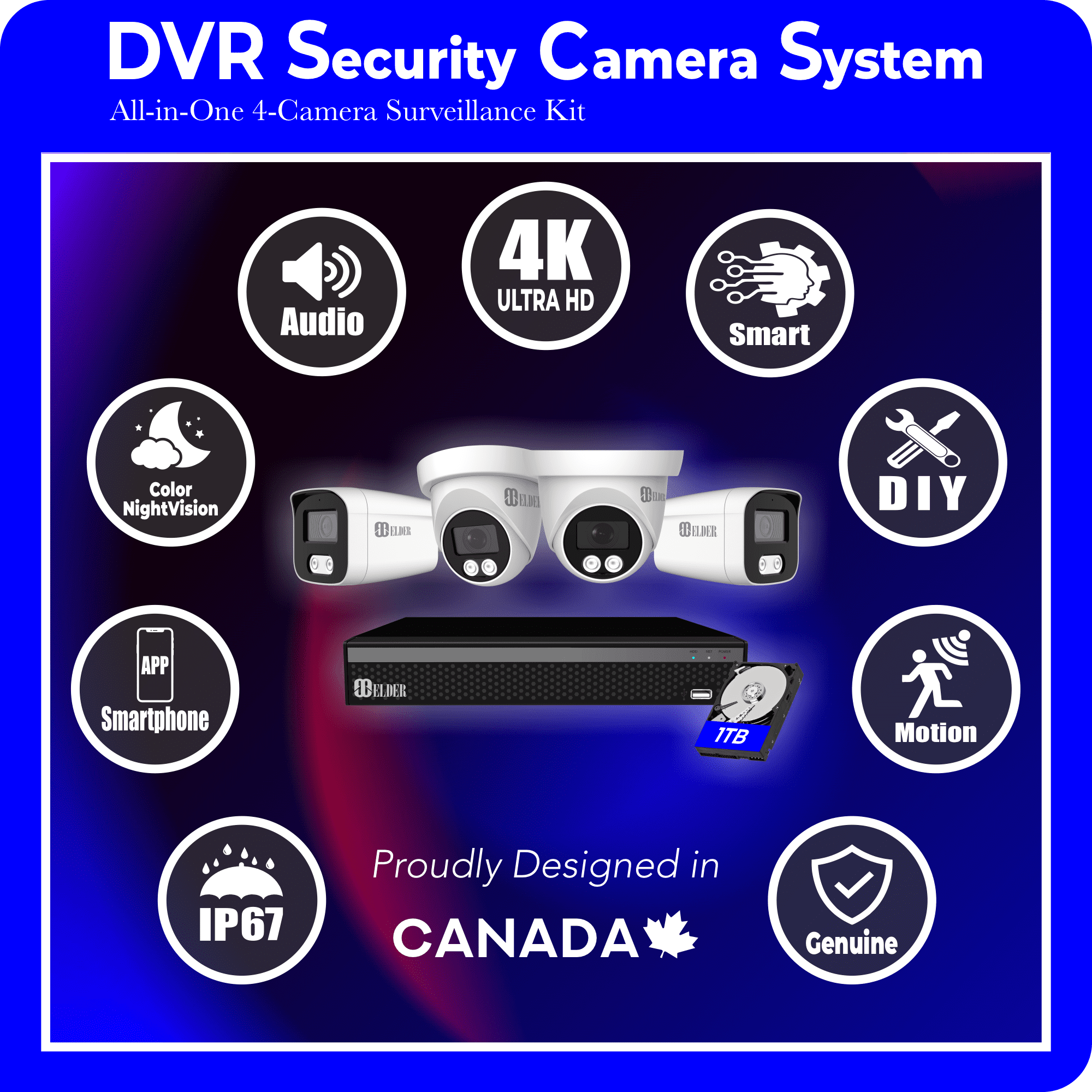 Elder Security Camera System 4K 8MP Color Night Vision Spotlight, 4-Camera DVR Surveillance Kit Outdoor DIY Wired 1TB HDD, Home Security Camera System, Hunter-LE Series