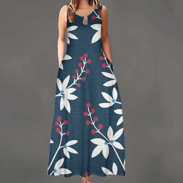 Fankiway Robe d'Été Sans Manches à Col Rond avec Poche Imprimée pour Femmes Grande Taille