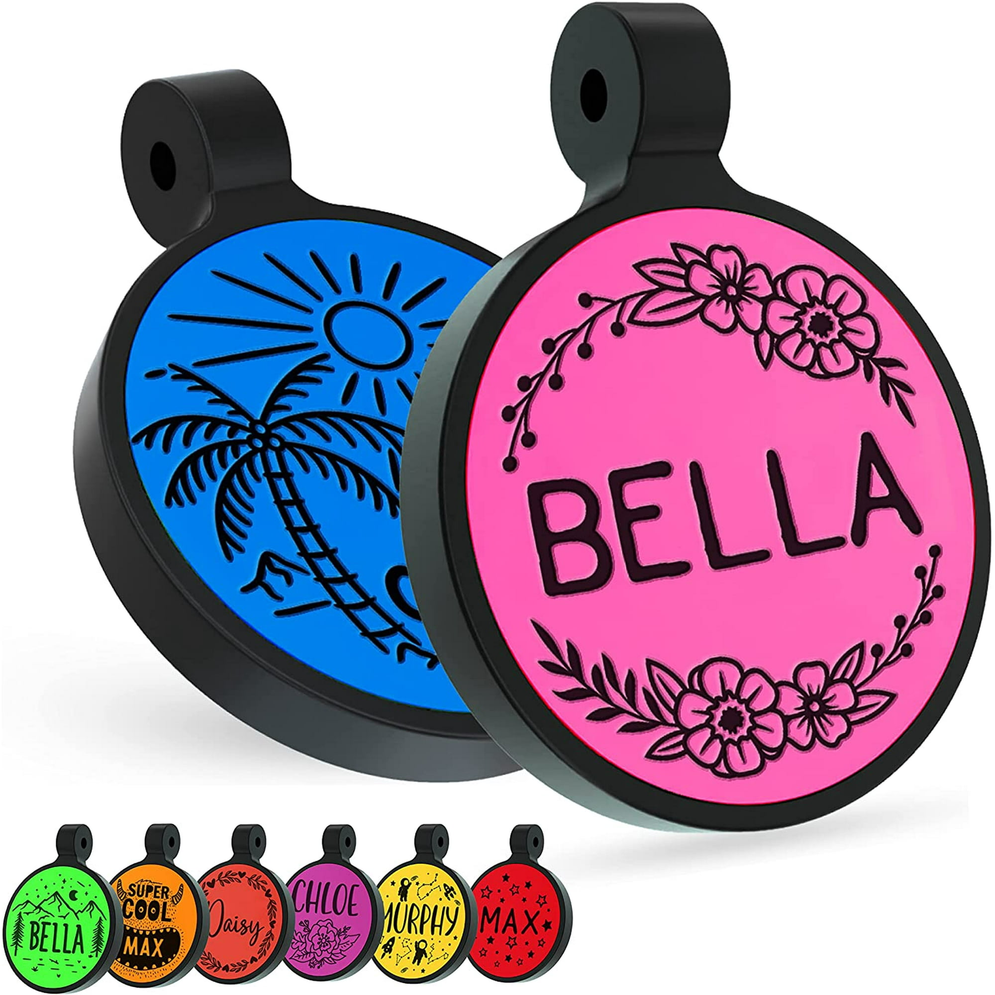 Silent Dog Tags Engraved for Pets 100 Durable Silicone Deep Engraving Personalized Dog Tags with Decorated Name 4 Lines of Text Jingle Free 16 Designs 8 Glow in The Dark Colors Round
